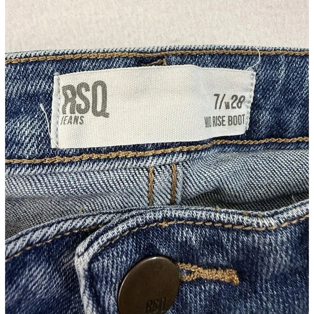 RSQ Mid Rise Boot Cut Jeans Womens Size 7/28 Light Wash Raw Hem Stretch